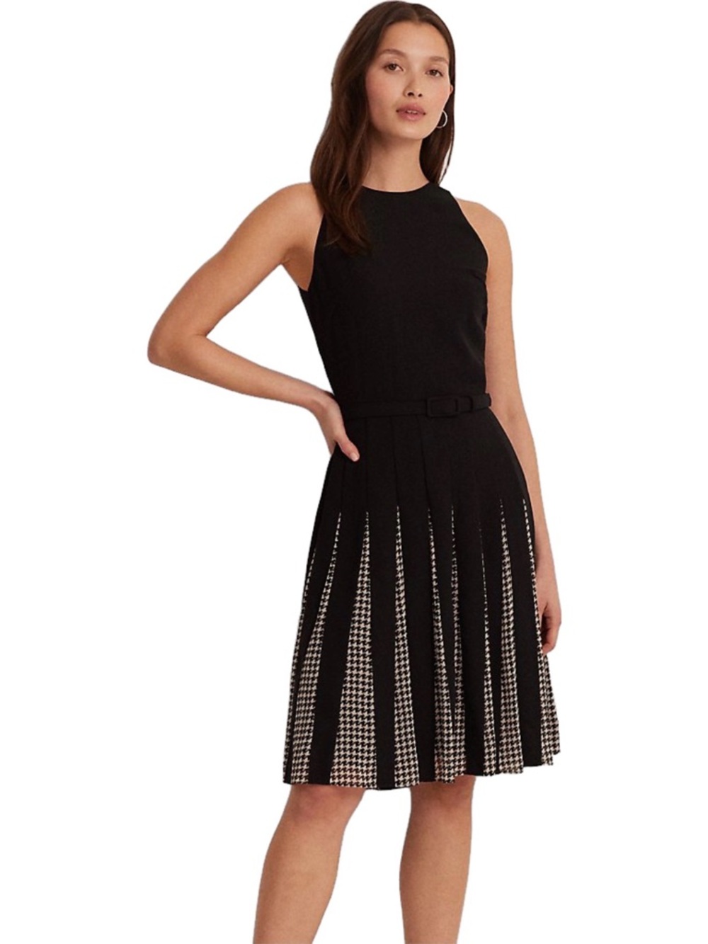 Lauren Ralph Lauren Black Sleeveless Pleated Midi Dress with Houndstooth Panels